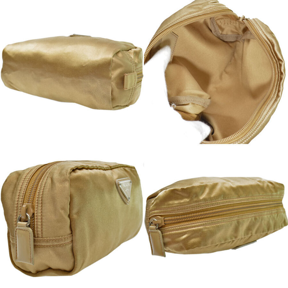 Prada Clutch Tan triangle logo makeup silver Camel leather metal Pouch